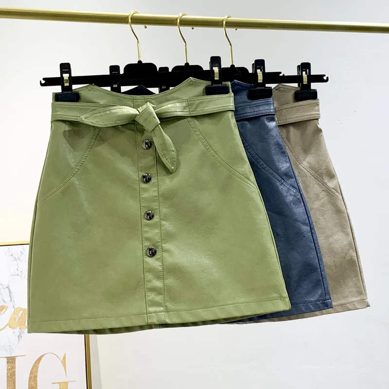 

Vintage Slim Button Autumn Winter Mini Short Skirt Club PU Leather Bodycon Jupe Femme Women High Waist Casual Falda Tie Skirts