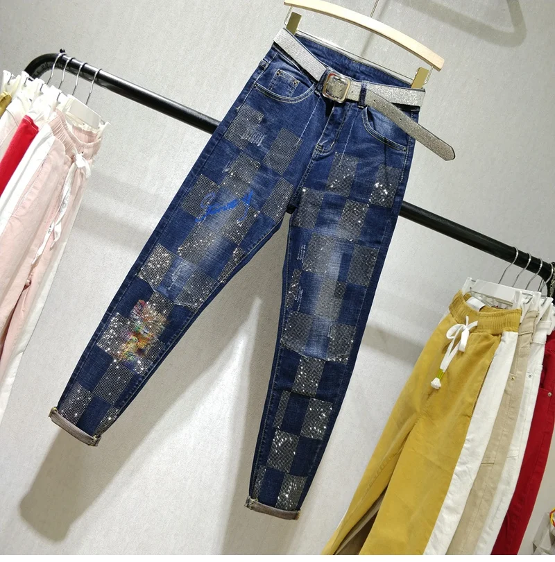 Plus Size Hot Drill Jeans Women's Fall New Pants Loose Slim Harun Pants Female Lady Streetwear Holes Diamond Jeans Trousers
