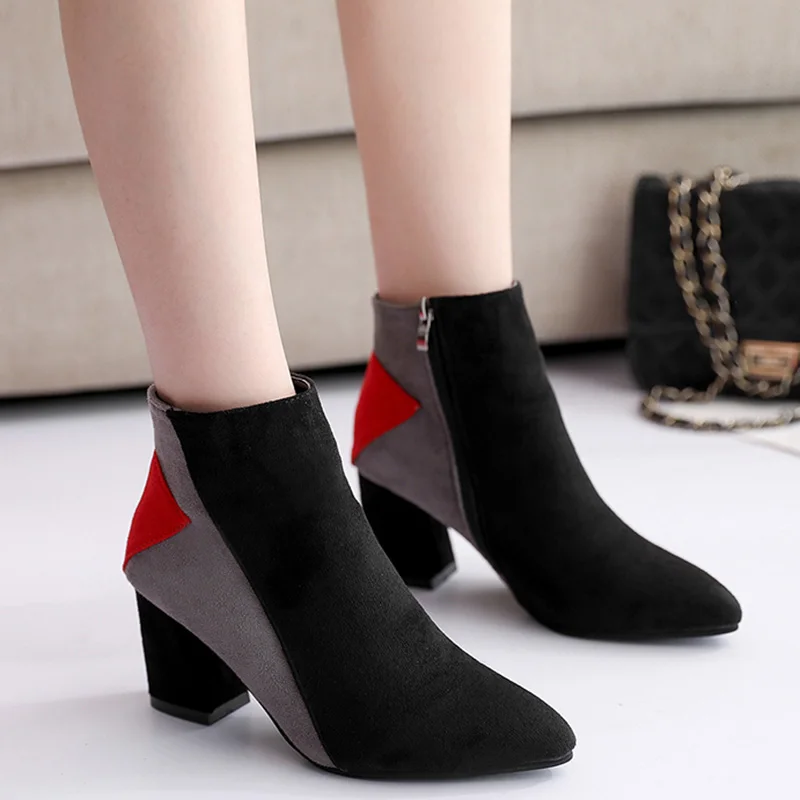 

Rimocy 2019 Autumn Winter Ankle Boots for Women Fashion Mix Color Square Heels Botas Mujer Pointed Toe Warm Plush Shoes Woman