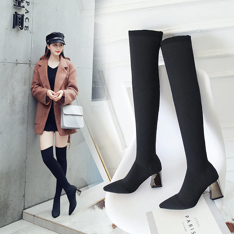 

Sewing Pointed Toe Solid Fashion Long Boots for Women Over-the-Knee PU Slip-On Autumn Winter Boots High Square Heel Casual Shoes