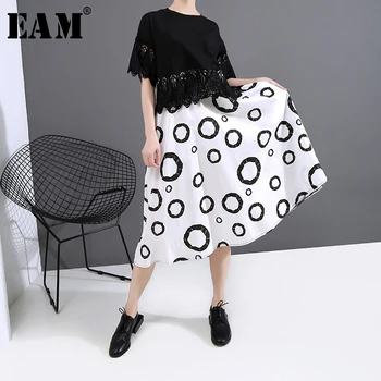 

[EAM] Women Black Lace Pattern Printed Midi Dress New Round Neck Short Sleeve Loose Fit Fashion Tide Spring Summer 2020 1U834