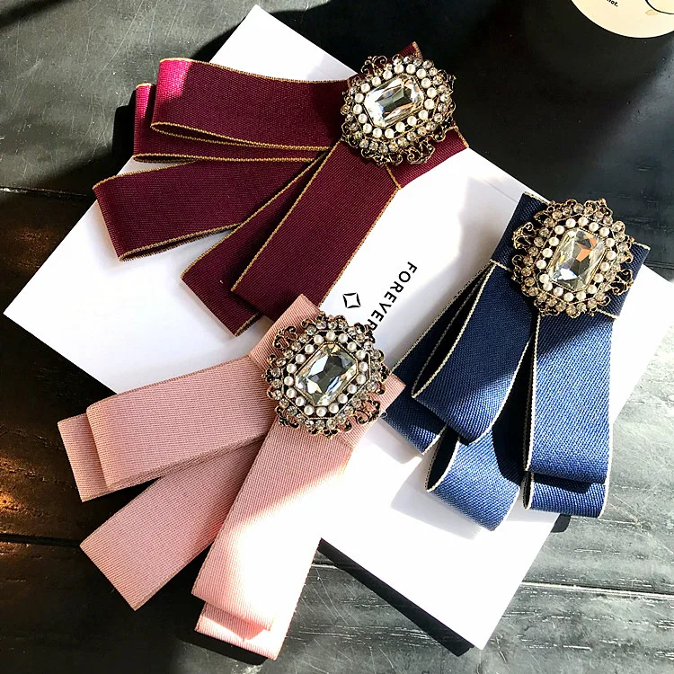 

South Korea Top Grade Retro Palace Gemstone Pearl Bow Tie Brooch Corsage Bowtie Accessories Fabric Bow Brooch Women's