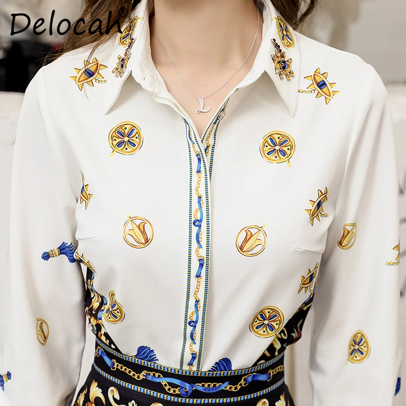Delocah, модный осенний костюм для подиума, Женская белая рубашка с длинными рукавами и винтажная юбка с принтом ангела и высокой талией, комплект из двух предметов