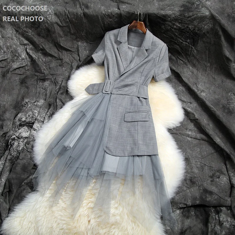 

New 2019 autumn winter women blazer dress office short sleeve party asymmetric dress gray patchwork TUTU mesh black dresses