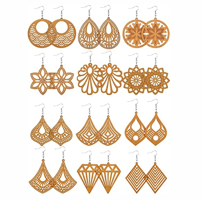 SMALLLOVE Bohemian Wood Drop Dangle Earrings Set for Women Girls African Natural Lightweight Wooden Black Big Round Circle Geometric Ethnic Style Earring 
