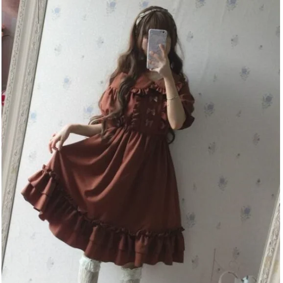 Short Sleeve Винтажное платье в стиле Лолиты с круглым вырезом и бантом и рукавами-фонариками; платье в викторианском стиле; платье в готическом стиле для девочек; платье в стиле Лолиты - Цвет: Short Sleeve