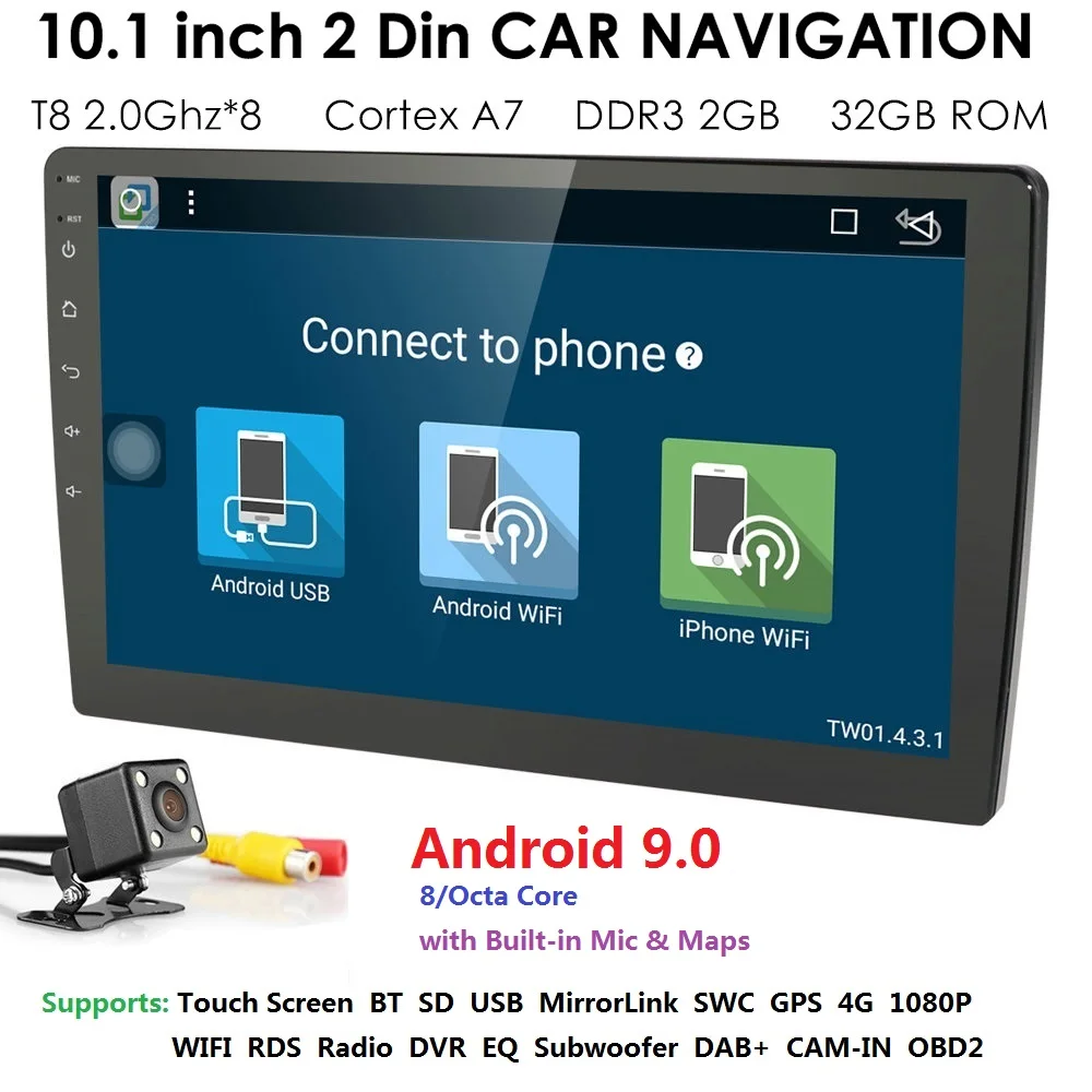 2Din 10," большой экран Android 9.0 универсальный автомобильный Радио Стерео gps навигация wifi 4G OBDII DAB HD четырехъядерный Bluetooth 2 Гб ram+ карта