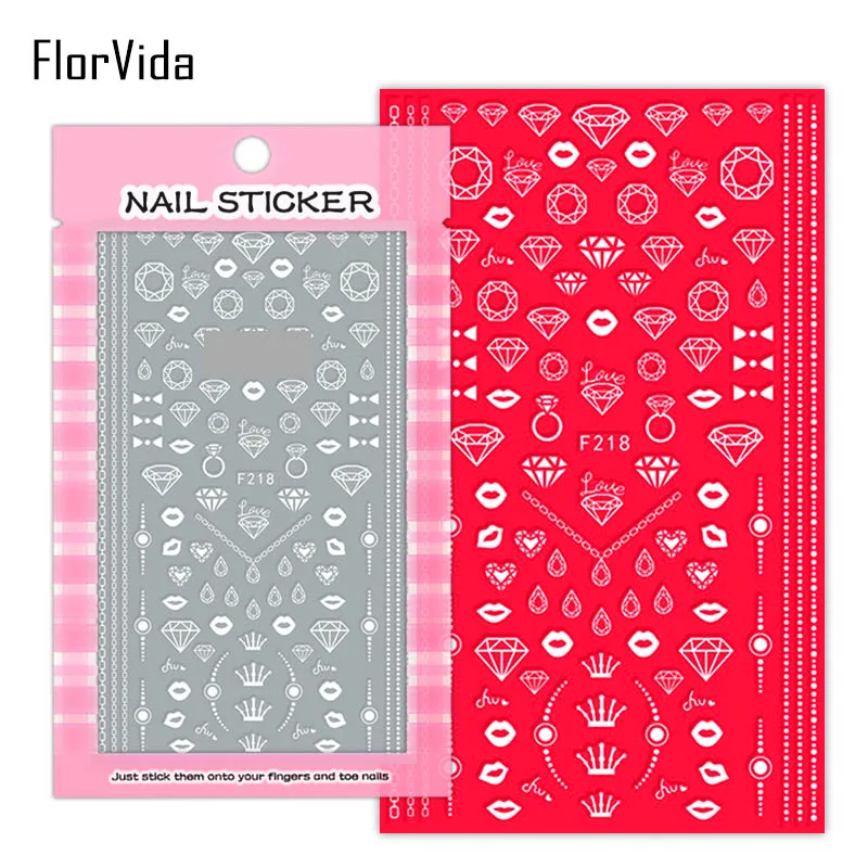 F218 White FlorVida F214-220 3D слайдер для ногтей золотые черные наклейки Переводные картинки с бабочками клейкий дизайн для маникюра Советы украшения для ногтей - Цвет: F218 White