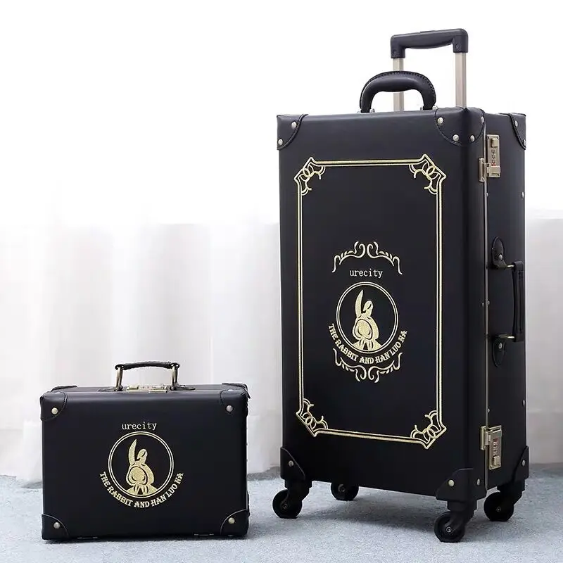 black(set) Женский Ретро ручная вышивка Дорожный чемодан для багажа, 1" 20" 2" 24" 2" дюймов чемодан на колесах - Цвет: black(set)