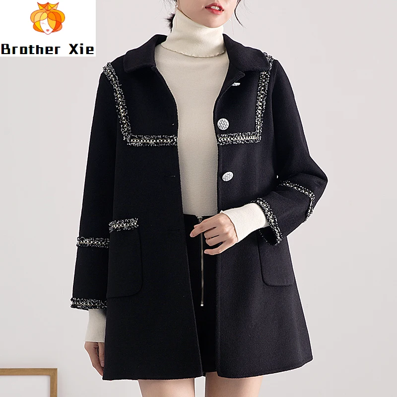 

New spring black coat 2020 sweet wind restoring ancient ways of high-end button lurex cashmere coat lapels female long wool coat