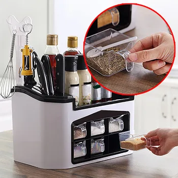 

Detachable Sauce Household ABS Draining Design Seasoning Rack Practical Multifunction Organizer With Spice Box Cutlery Holder