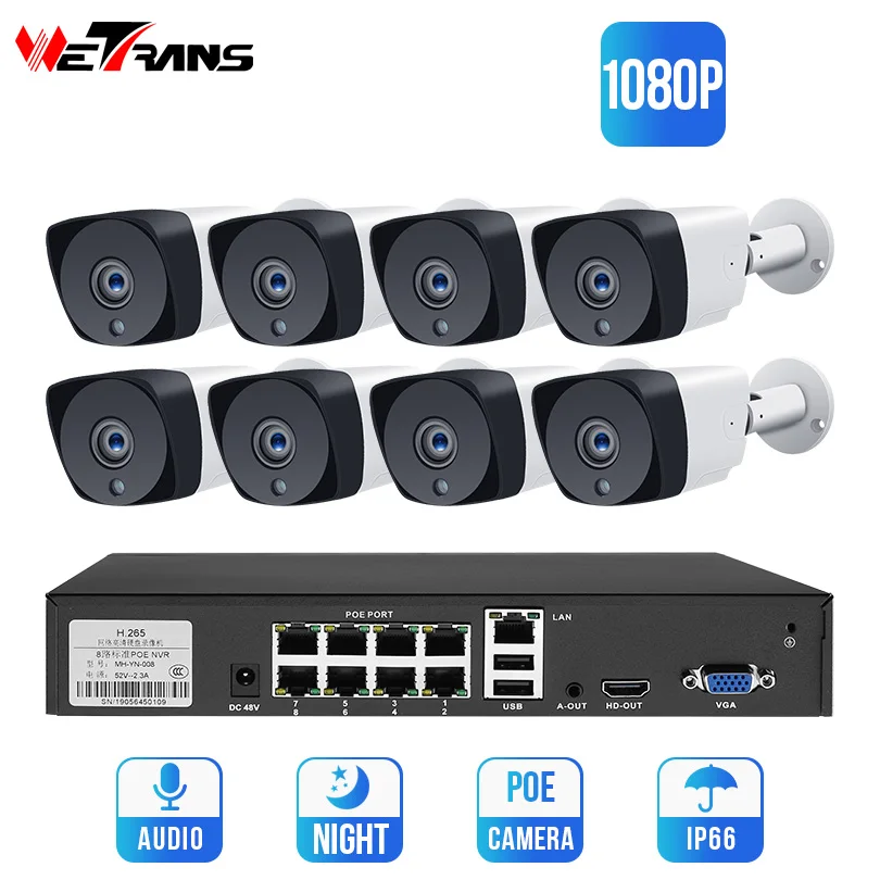 

Wetrans 1080P POE cameras System 8CH NVR H.265 Audio Ourdoor Video Surveillance Night Vision Home Security cctv camera kit