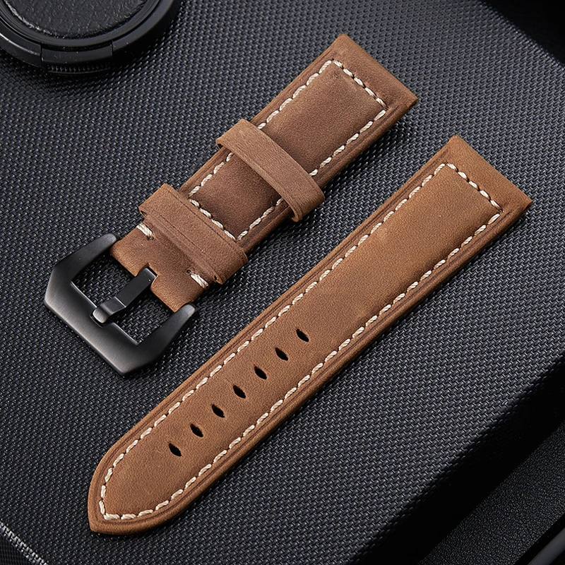 

26mm Black Genuine Leather crazy horse Watch Band Strap Compatible For Seiko Velatura 7T84-0AD0 - SPC049P1 SPC049P9