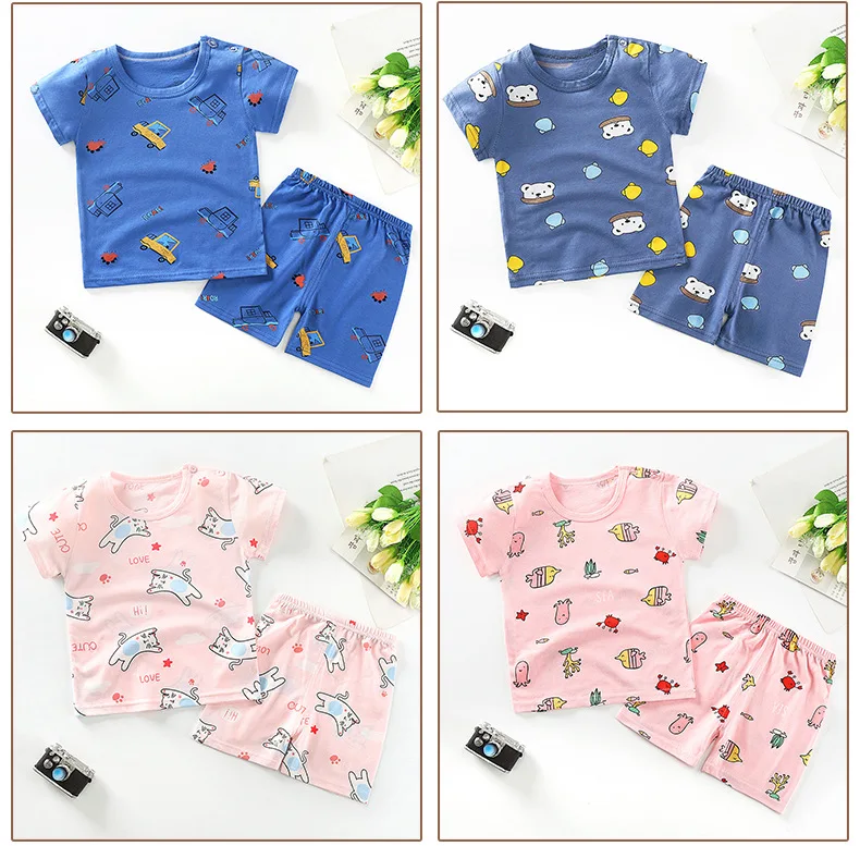 2021 Pajamas For Kid Baby Short Sleeve Tops Tee Shirts Pants Clothes Suit Girl Boy Children Home Nightwear Pijamas Clothing Sets clothing set dye	