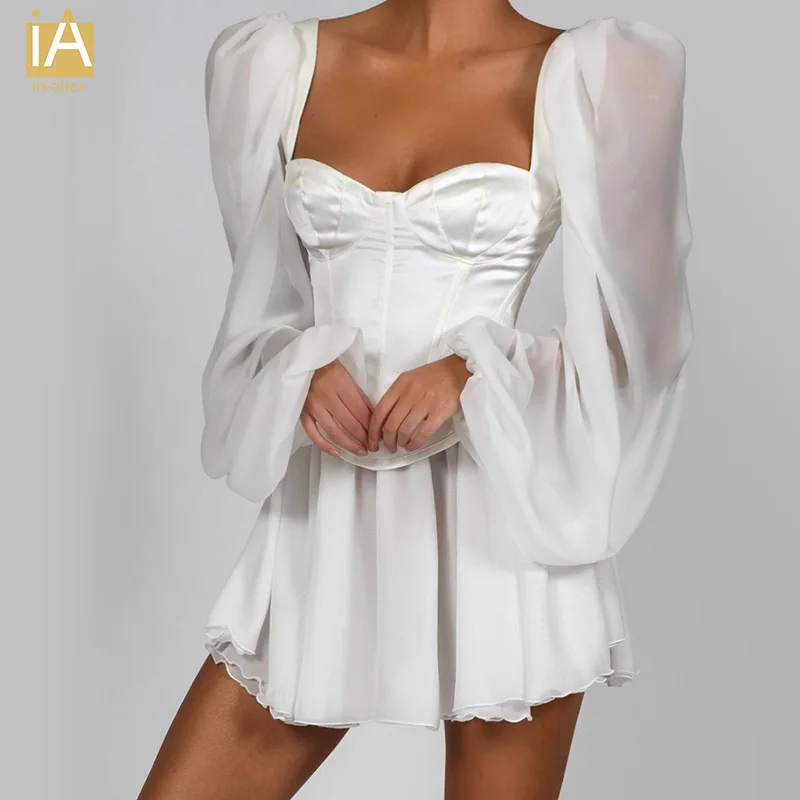 

Sexy Plunge Women's Summer Dress White Lace Long Sleeve Mini Party Dress Autumn Ruffle Elegant Clothes 2020