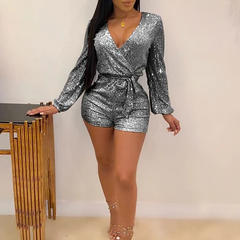 

Fashion Sequin Cloth Long Sleeve Playsuits Women Deep V Sexy Sashes Bandage Club Short Jumpsuits Plus Size Casual Gold Romper