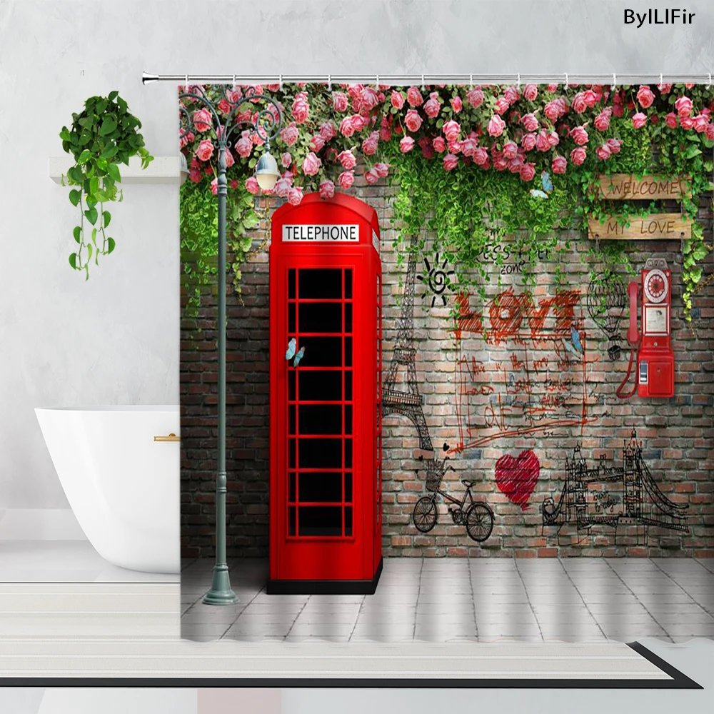 

European Style Retro Brick Wall Shower Curtains Red Telephone Booth Pink Flowers Green Plants Decor Bathroom Fabric Bath Curtain