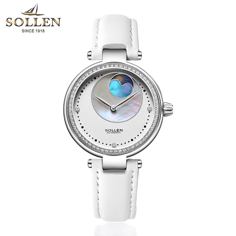 SOLLEN, синие женские часы, женские часы с бриллиантами, женские Автоматические механические часы для девочек, Montre Femme - Цвет: White Leather