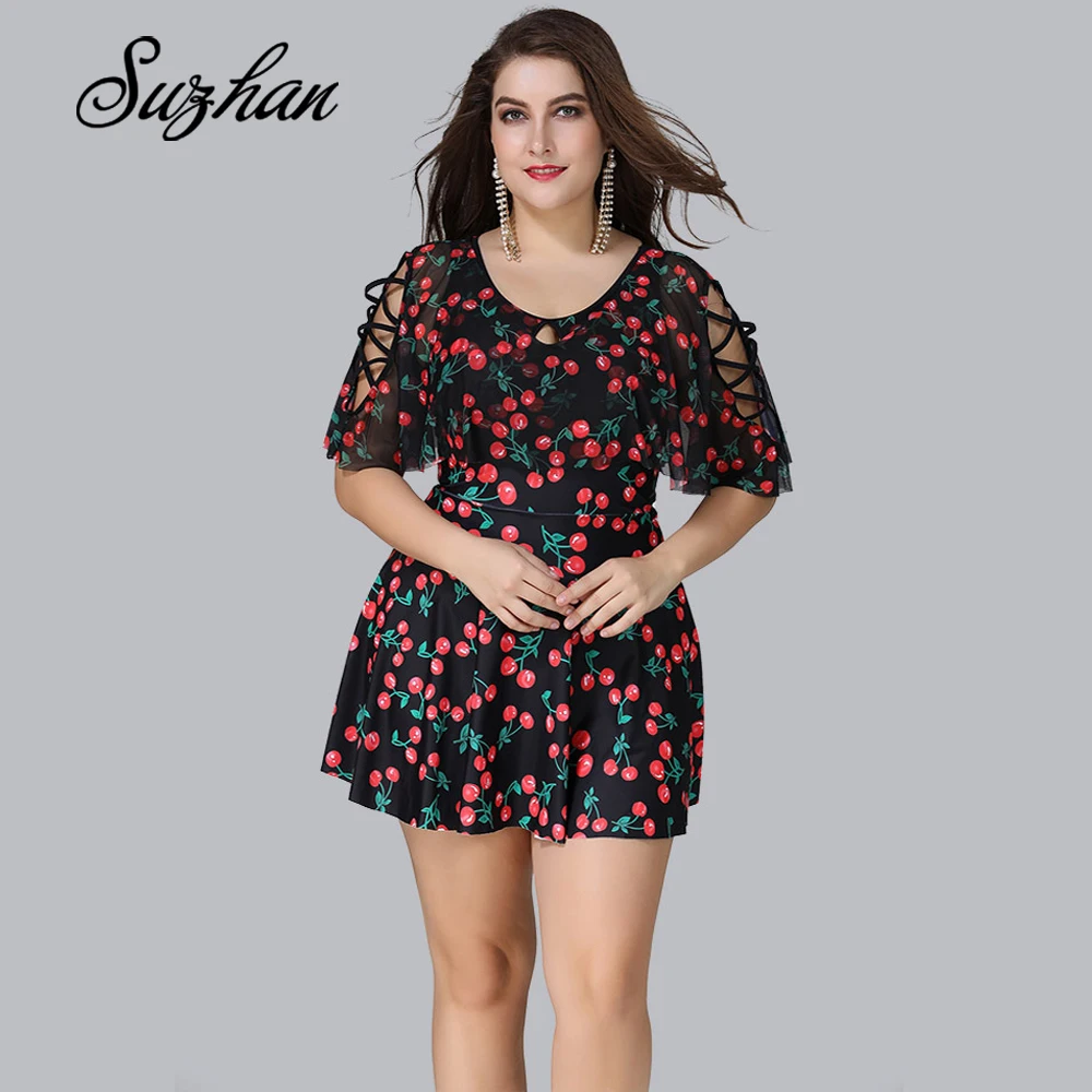 

Suzhan Tankini Swimsuit Women Swim Skirt Plus Size One Piece Print Swimwear Shorts 2019 Vintage Floral Large Size Mesh Beachwear