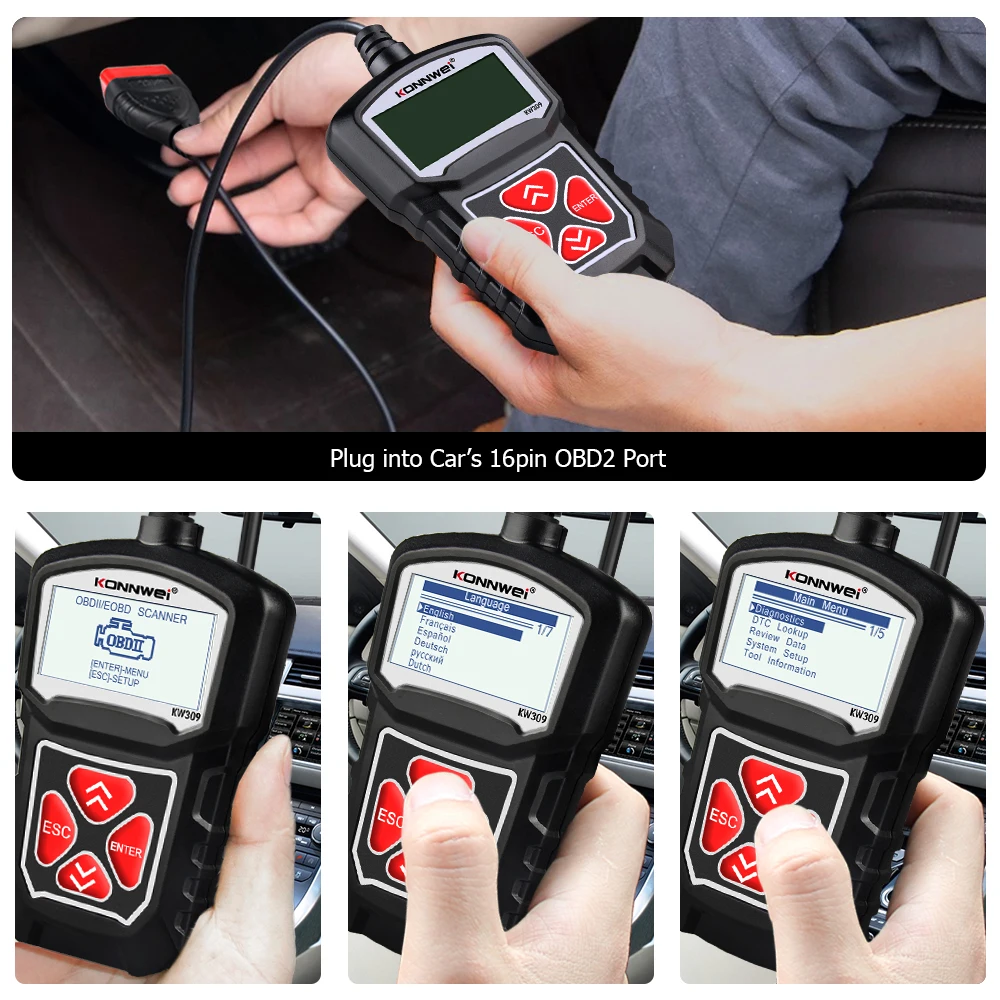 Cylinder Stethoscope KONNWEI KW309 OBD2 Engine Code Reader Automotive Car Diagnostic Tools Scanner Device EOBD Autoscanner Better Than ELM327 car battery charger