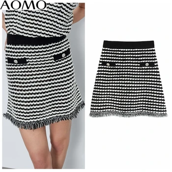 

AOMO 2020 fashion women striped print knit skirts faldas mujer strethy waist female Elgant mini skirt ladies BE368A