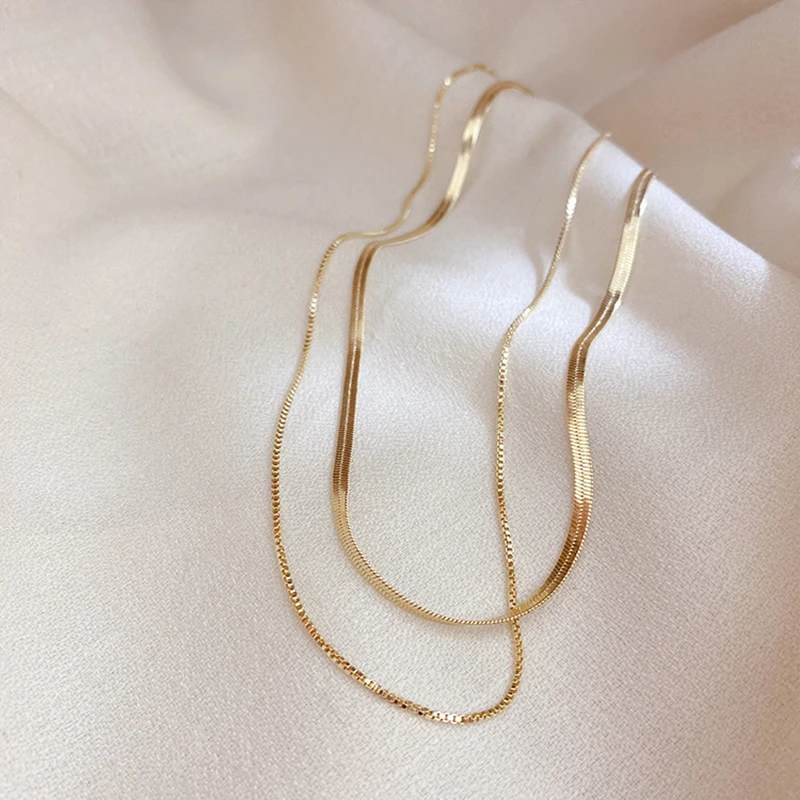 

Minimalist Double Layer Women Box Chain Herringbone Chain Gold Plated Choker Necklaces Korean Fashion Blade Chain Necklace