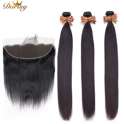 Dorisy волос 3 Комплект с 13*4 Кружева Закрытие Малайзии природных Цвет прямые Инструменты для завивки волос не Реми 100% человеческих волос