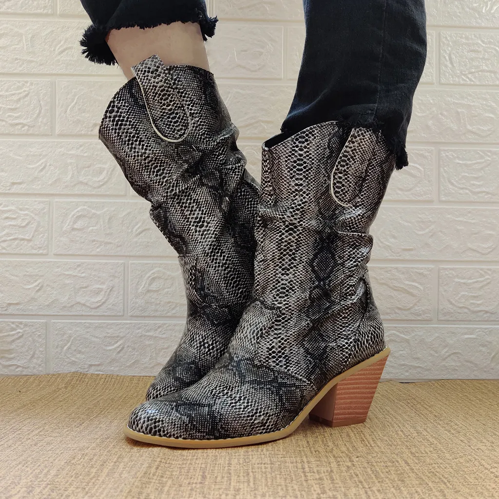 New Spring Winter Fashion Snake Grain Round Toe Slip-On Boots Square Heels Vintage Women Boots mid-calf boots shoes#O22