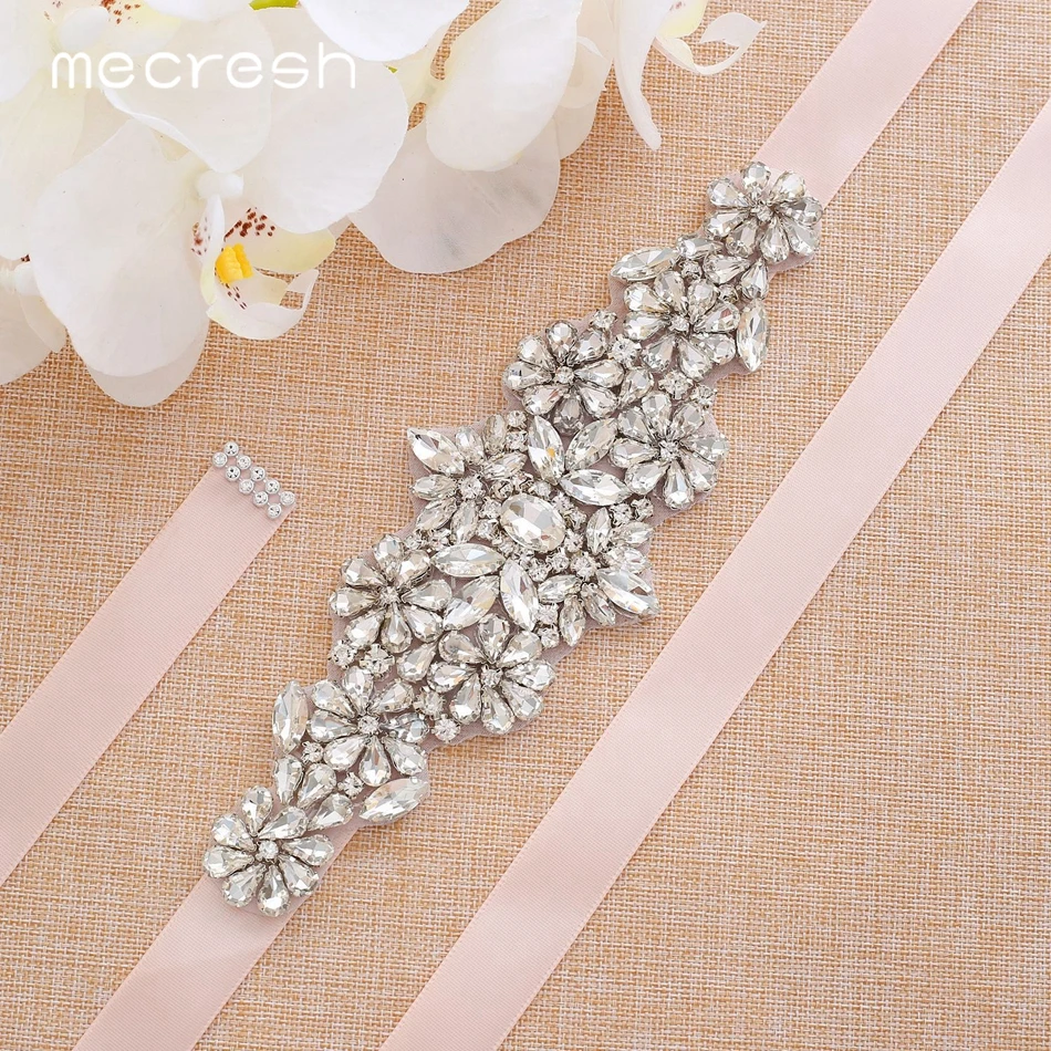 Mecresh Silver Color Crystal Rhinestone Bridal Belt for Wedding Dress Statement Handmade Flower Ribbon Women Belt Sash MYD034