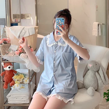 

Women Cotton Sleepwear Set Summer Short Sleeve Shorts Pajamas Cardigan Sweet Loungewear 2pcs Turn-down Collar Leisure Wear S194