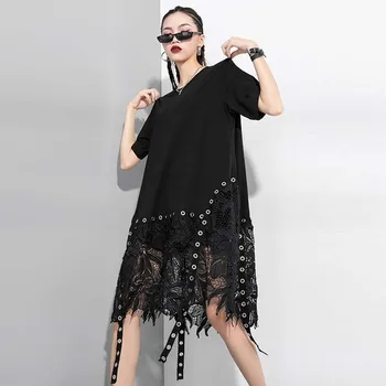 

Johnature Summer New Streetwear Long Lace Loose Women Tops 2020 O-neck Short Sleeve Patchwork Irregular Female T-Shirts