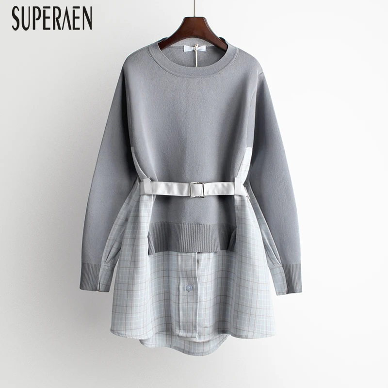 

SuperAen Spring and Autumn Pullovers Sweaters Women 2020 New Fake Two-piece Wild Casual Ladies Sweaters Fashion Tops Female