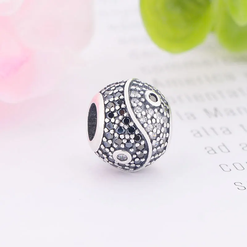 Браслет Pandora Charms из стерлингового серебра 925 пробы Инь Ян с большим отверстием, хрустальные бусины, украшения со стразами для женщин, DIY ювелирные изделия