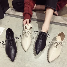 Женская обувь на толстом каблуке, с острым носком, на шнуровке, с заклепками, 2 вещи в комплекте, Мокасины, однотонная Повседневная Удобная обувь на плоской подошве, корейские универсальные Мокасины, водонепроницаемые Мокасины