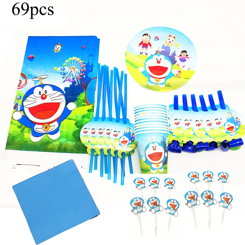 69pcs Doraemon Disposable Tableware Doraemon Birthday Party Supplies