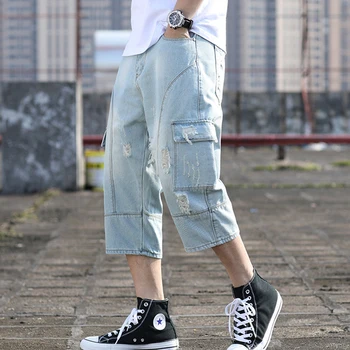 

Summer Cropped Jeans Ripped Jeans Trend Beg Men Pants Light Loose Fat XL Harem Pants Teenger Calf-length Pants