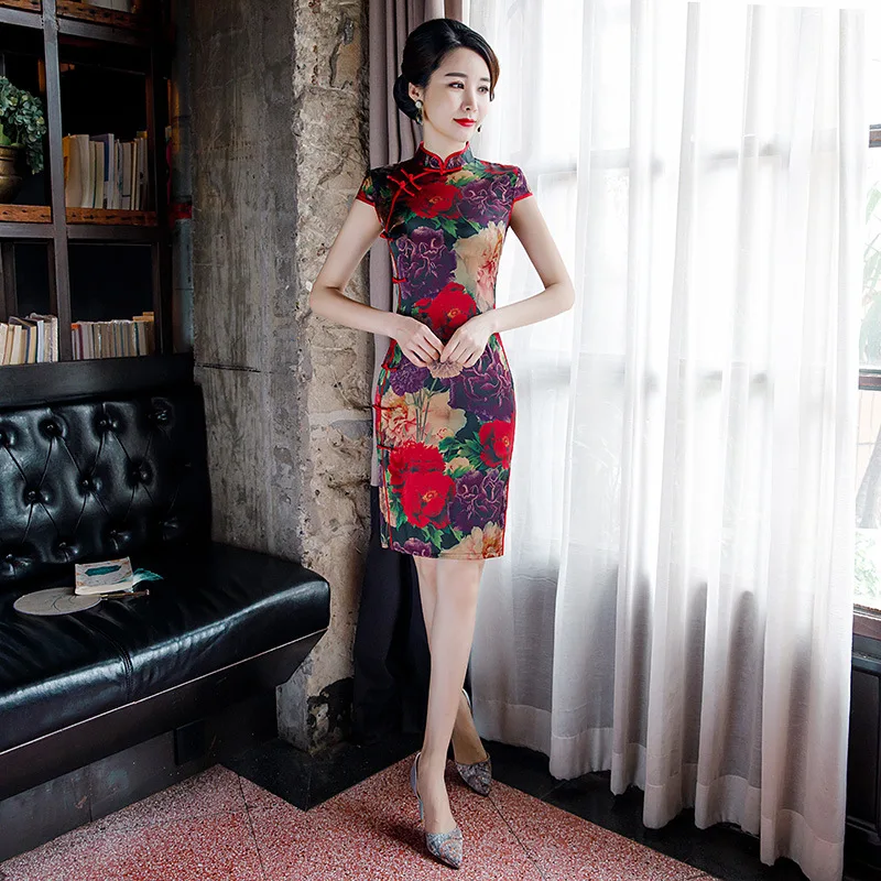Классический воротник мандарина женское Ципао Благородный китайский стиль атласное платье ретро с цветочным принтом Qipao Плюс размер 3XL-4XL тонкий Vestidos