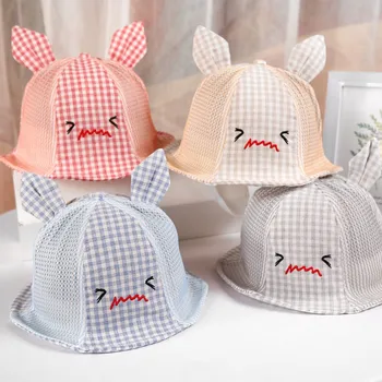 

Summer Kids Cute Mesh Cap Baby Boys Girls Plaid Printed Small Expression Mesh Hats with Ear Design Mesh Caps Sun Headwear