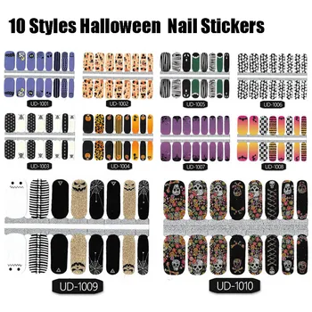 

Halloween Designs Full Cover Nail Wraps Tips Water Transfer Stickers Skull Head Pumpkin DIY Nail Art Decals Decorations