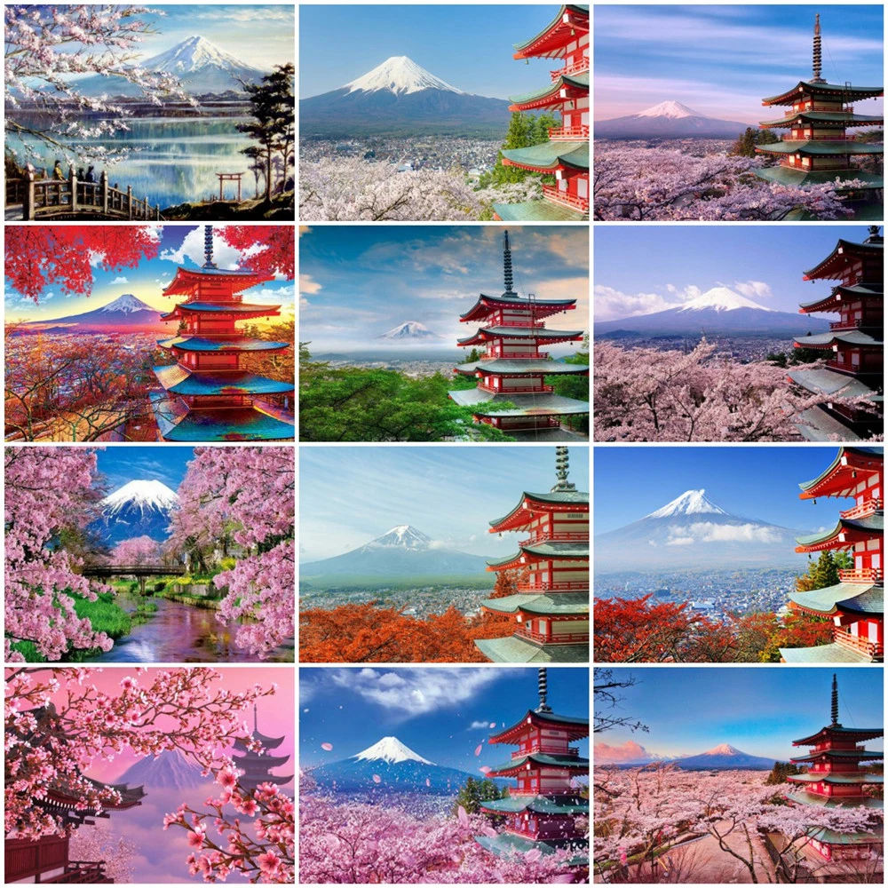 HUACAN-Diamond-Painting-5D-Diy-Landscape-Tower-Diamond-Mosaic-Cherry-Blossoms-Embroidery-Home-Decor-Wall-Stickers