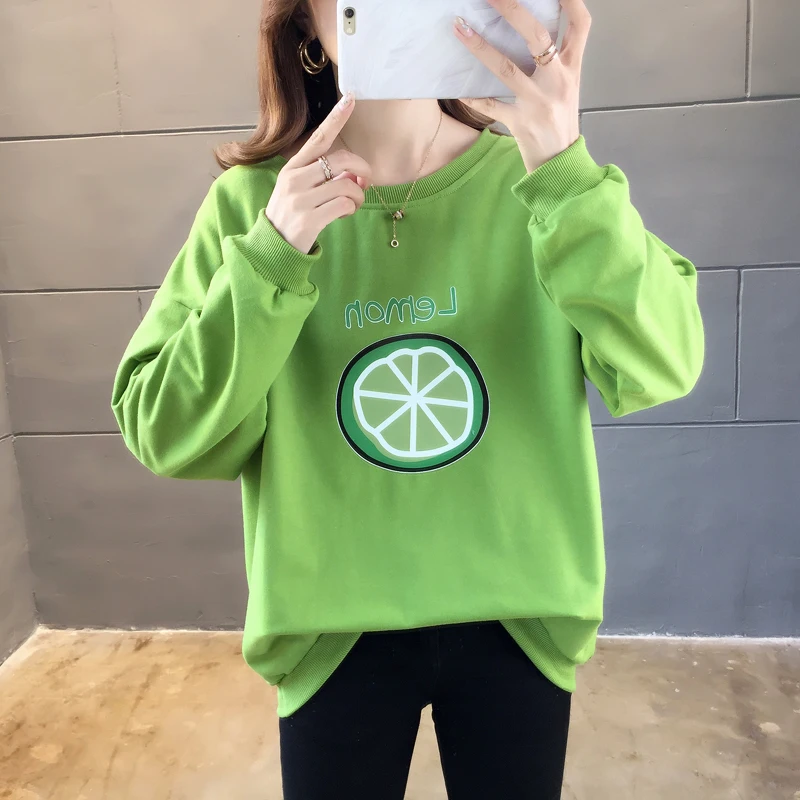 

Printed lemon Women Hoodies white green Round neck Hooded Sweatshirts 2019 Autumn Long sleeve Plus size Loose Tracksuits Female
