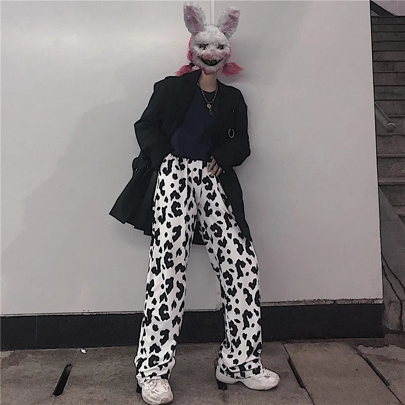 Deeptown Cow Print Wide Leg Pants for Women Korean Style Oversized Women Fashion Pants Harajuku Autumn 2020 Plus Size Trousers