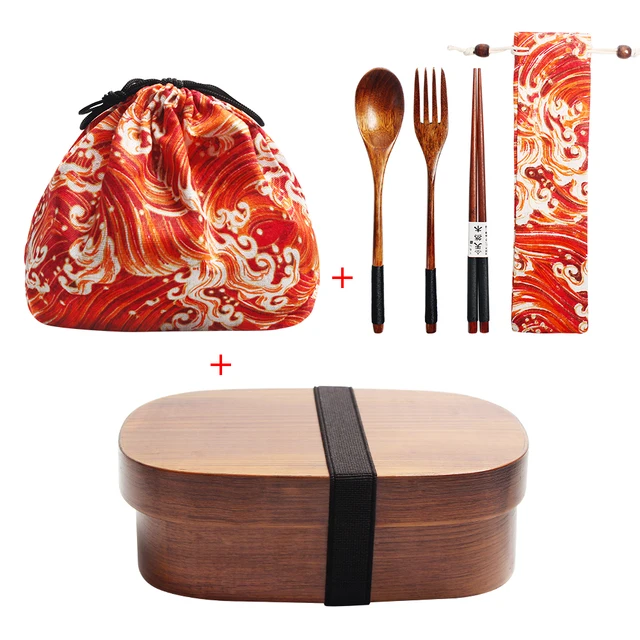 Wooden Lunch Box Picnic  Japanese Bento Box for School Kids Dinnerware Set with Bag&Spoon Fork Chopsticks Round Square Lunch Box 2