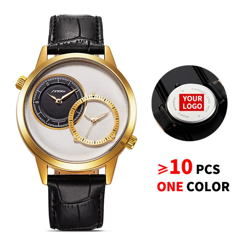 

10PCS/Lot SINOBI 9625 Free Customized LOGO Men Creative Double Quartz Movement Clock Analog Leather Strap Custom Watches Gifts