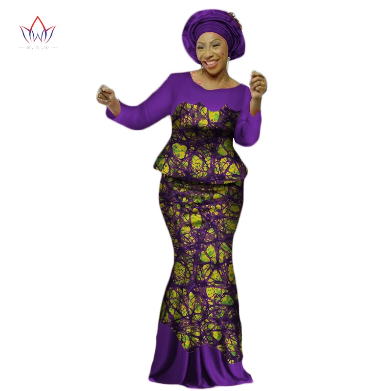 Africa Style Bazin Riche Dresses for Women Two Pieces Set Women Long Sleeve Tops and Long African Print Skirt Plus Size WY2454
