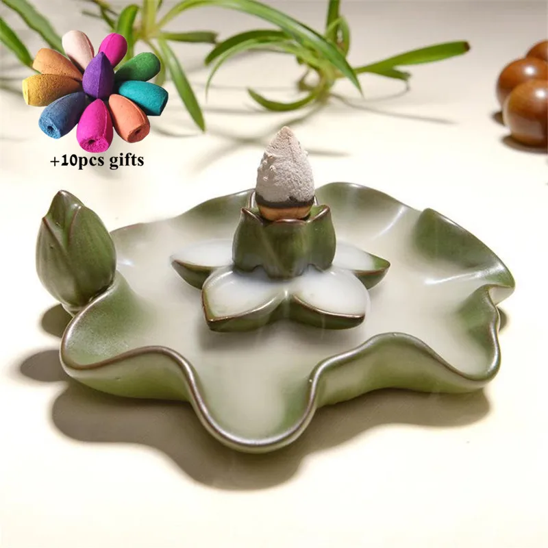 Ceramic Lotus Plate Backflow Incense Burner Incense Stick Holder Waterfall Censer Home Buddhist Meditation Decor+ 10pcs Cones
