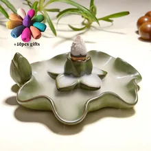 Ceramic Lotus Plate Backflow Incense Burner Incense Stick Holder Waterfall Censer Home Buddhist Meditation Decor+ 10pcs Cones