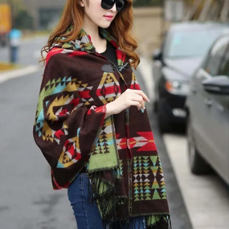 

European American Autumn Winter Retro Ethnic Wind Caped Cape Bohemian Christmas Tree Style Horn Buckle Shawl Scarf Pashmina Wrap