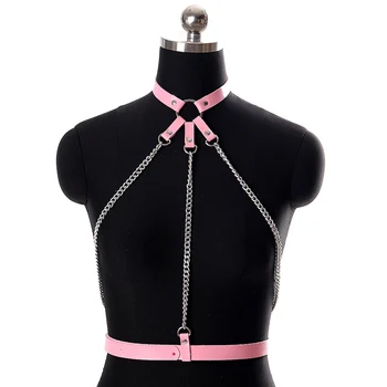 

Leather Harness Cage Bra Sexy Lingerie Fetish Goth Rave Metal Chain Body Bondage Tops Adjust Plus Size Harness Belt for Women