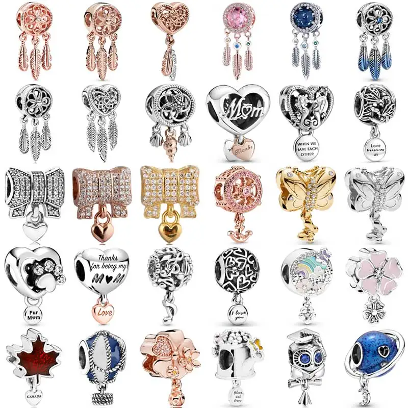 

New 925 Sterling Silver Charm Pave Heart & Bow DreamCatcher Earth Wise Owl Cherry Pendant Bead Fit Popular Bracelet DIY Jewelry